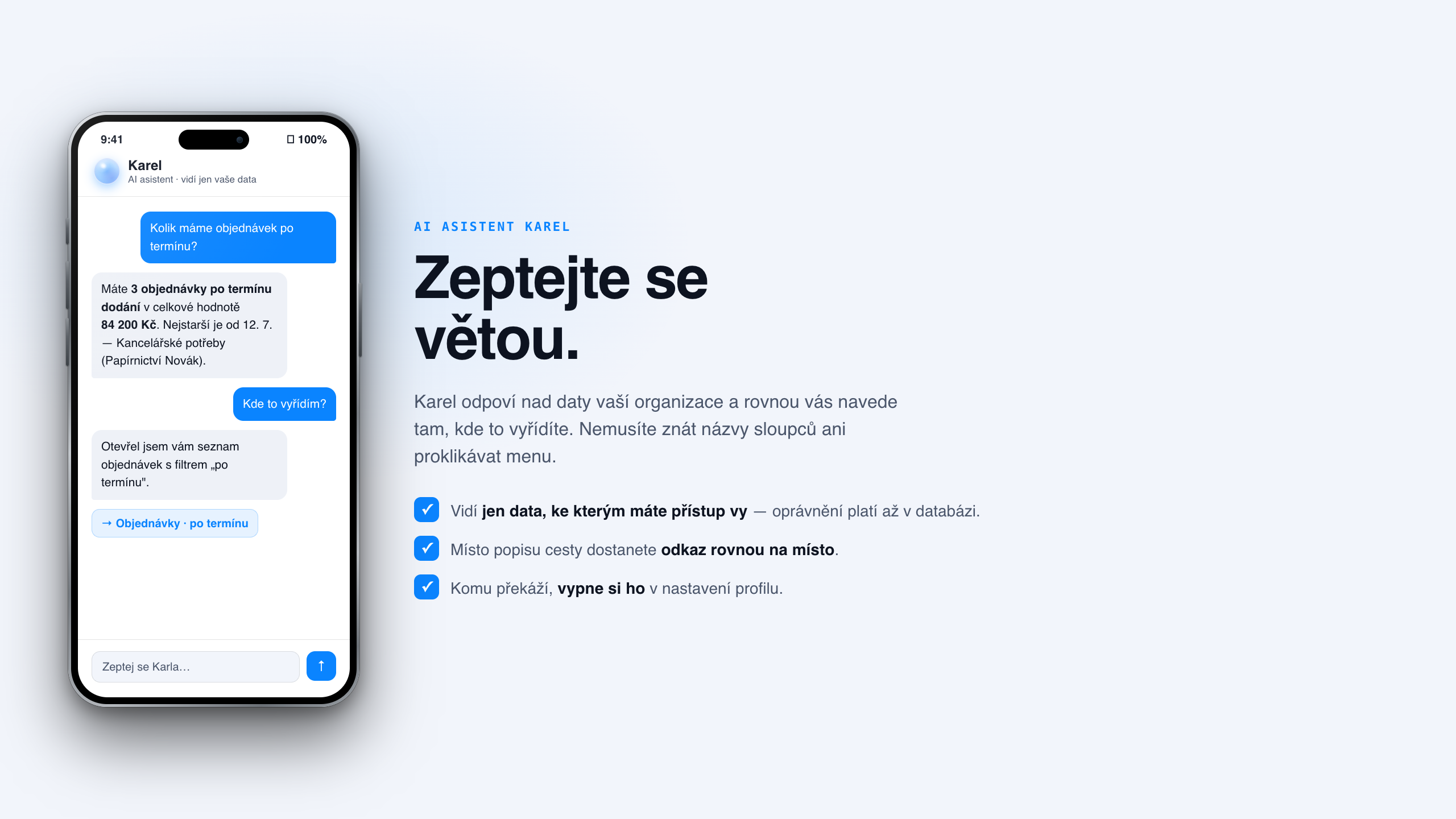 Chat s AI asistentem Karlem nad daty organizace