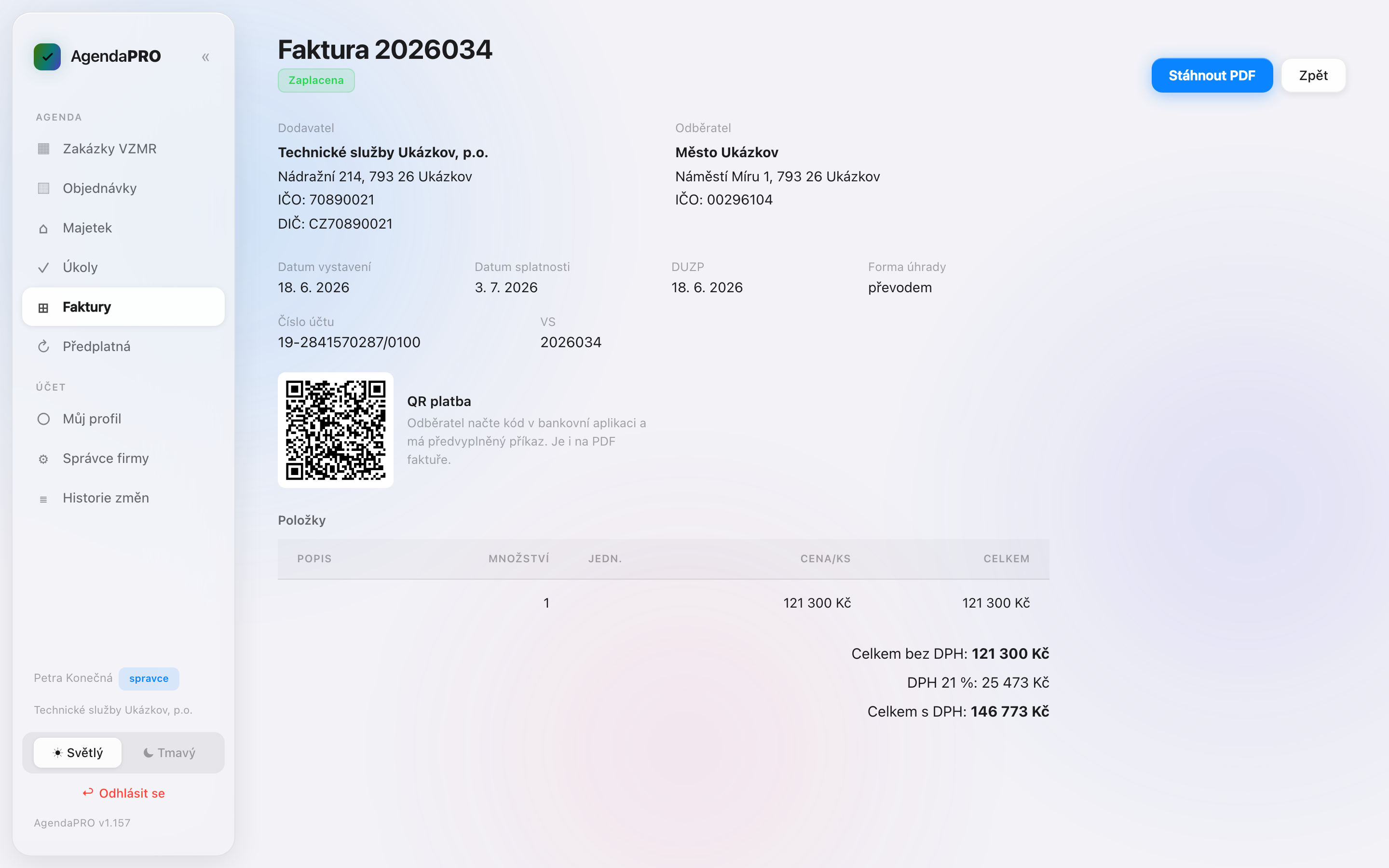 Detail faktury s PDF a QR platbou