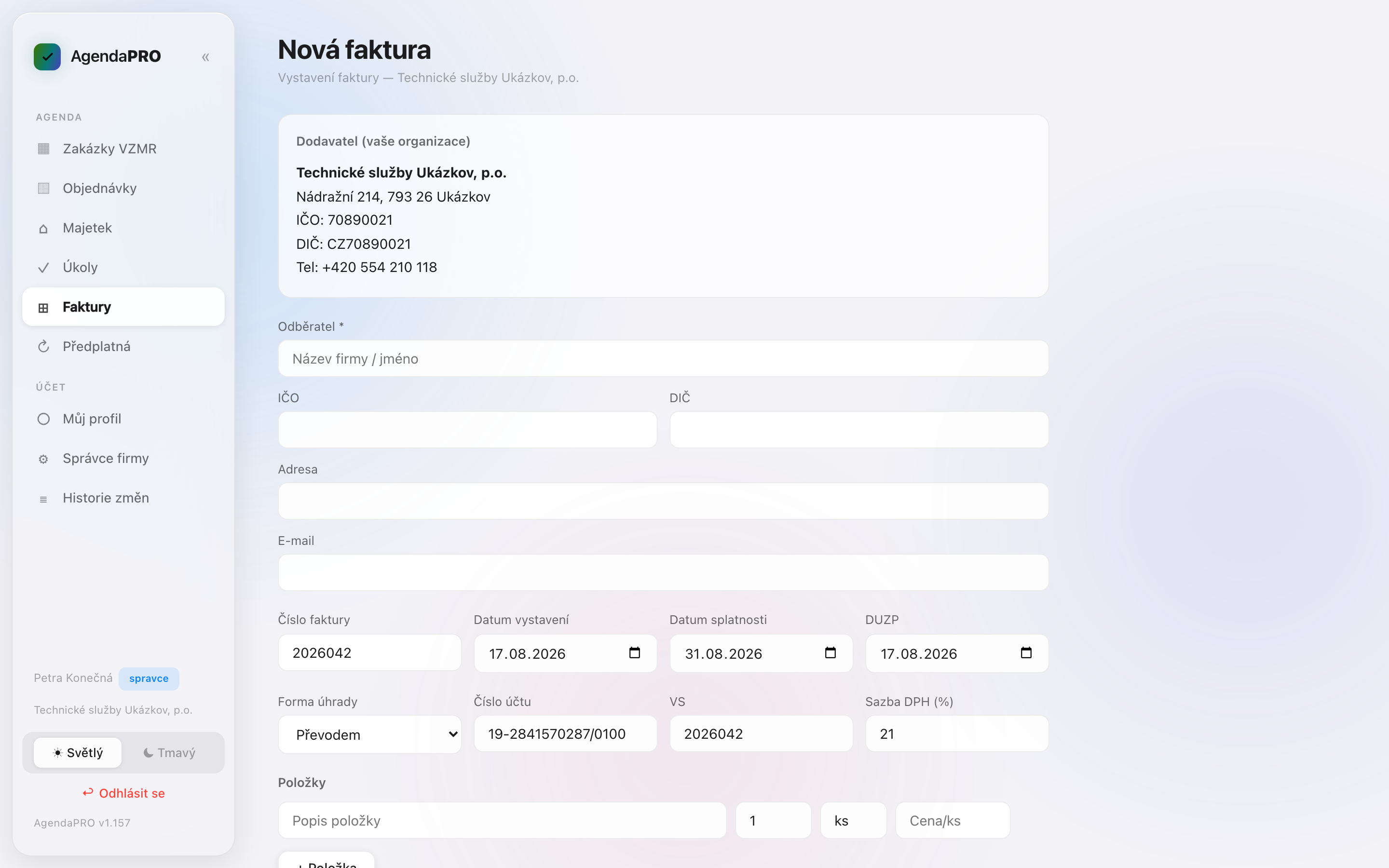Formulář nové faktury