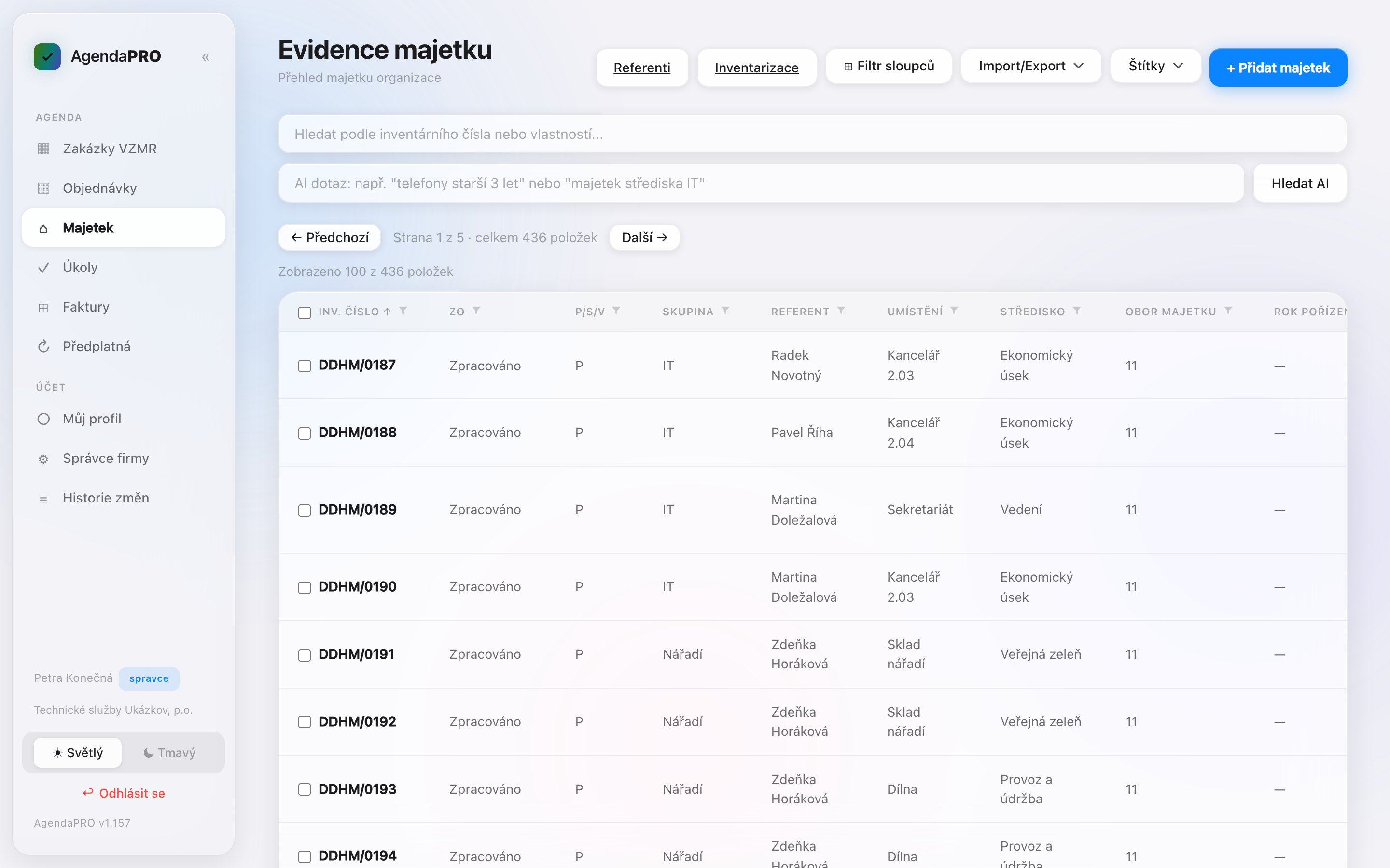Evidence majetku se štítky a filtry
