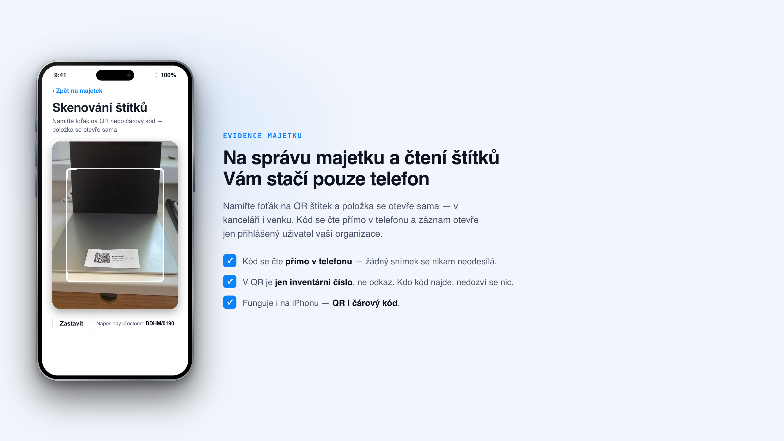 Skenování QR štítku majetku telefonem v terénu