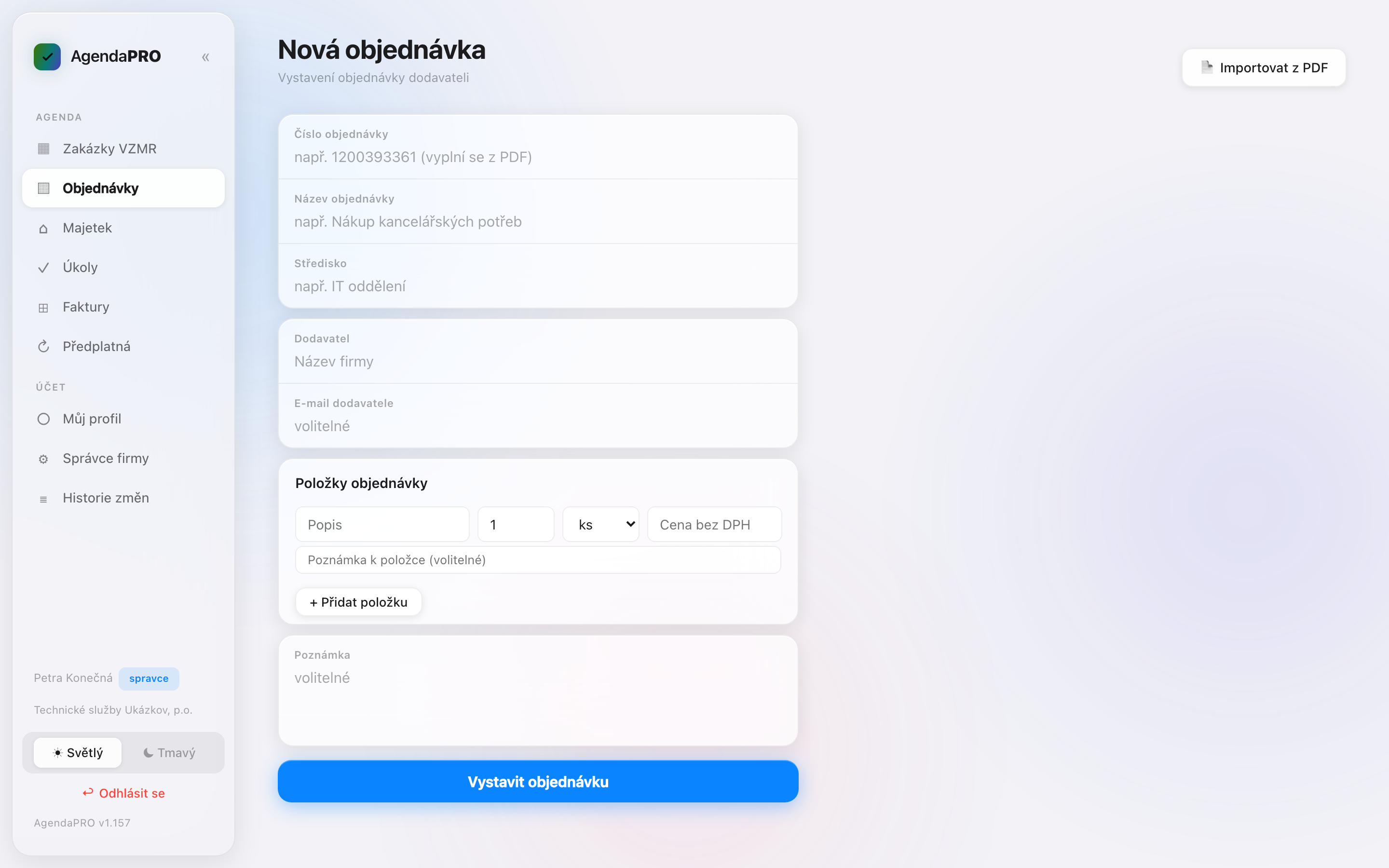 Nová objednávka s importem z PDF