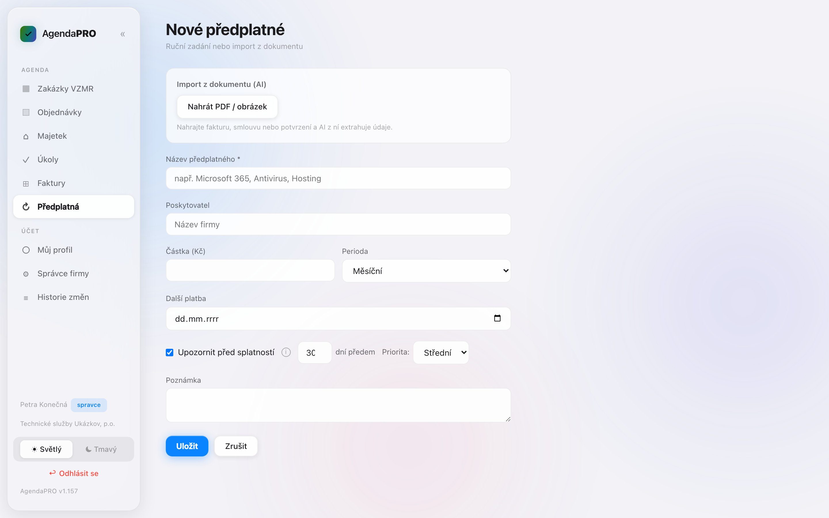 Nové předplatné s importem z PDF