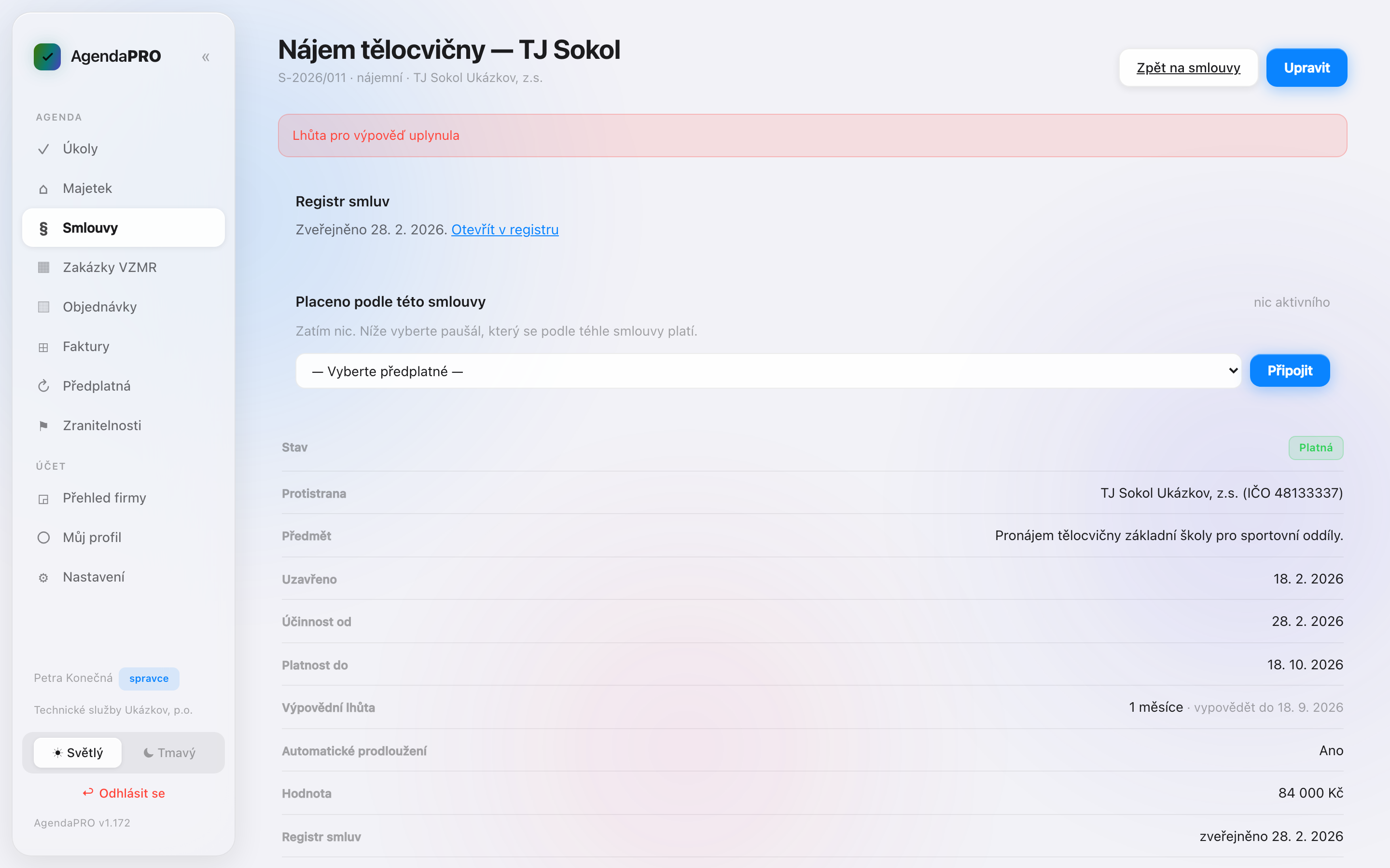 Detail smlouvy s blížící se lhůtou pro výpověď