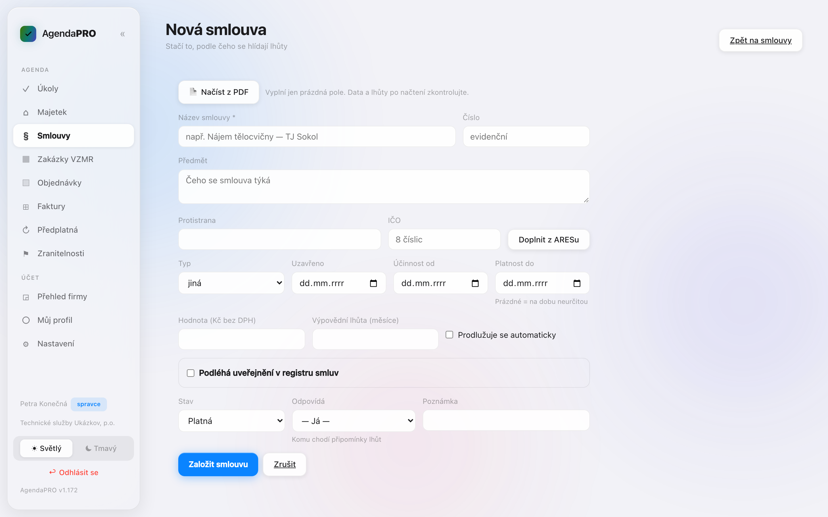 Formulář nové smlouvy s hlídáním registru smluv