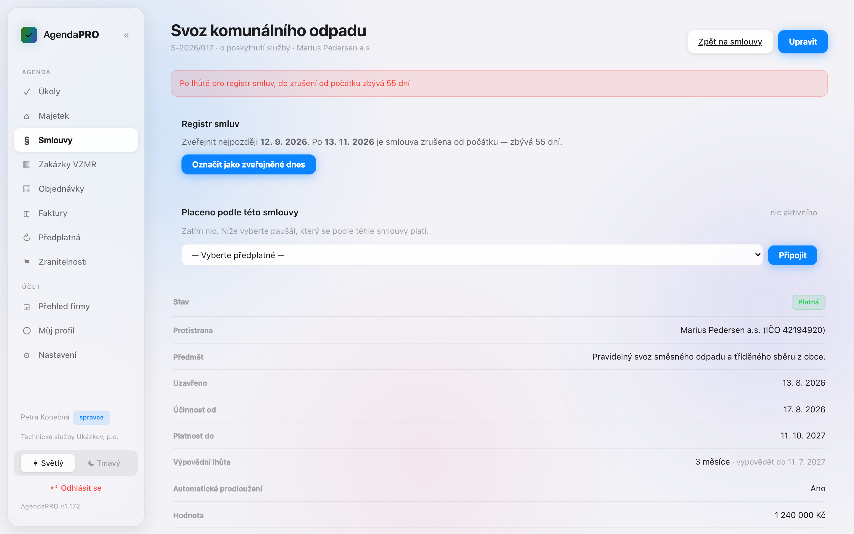 Detail smlouvy s lhůtou pro uveřejnění v registru smluv