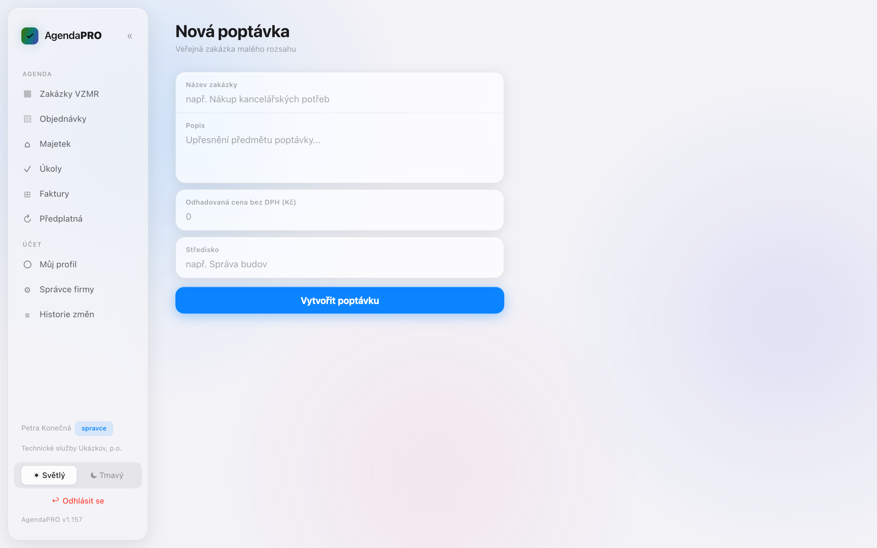 Formulář nové zakázky s pásmem podle ceny